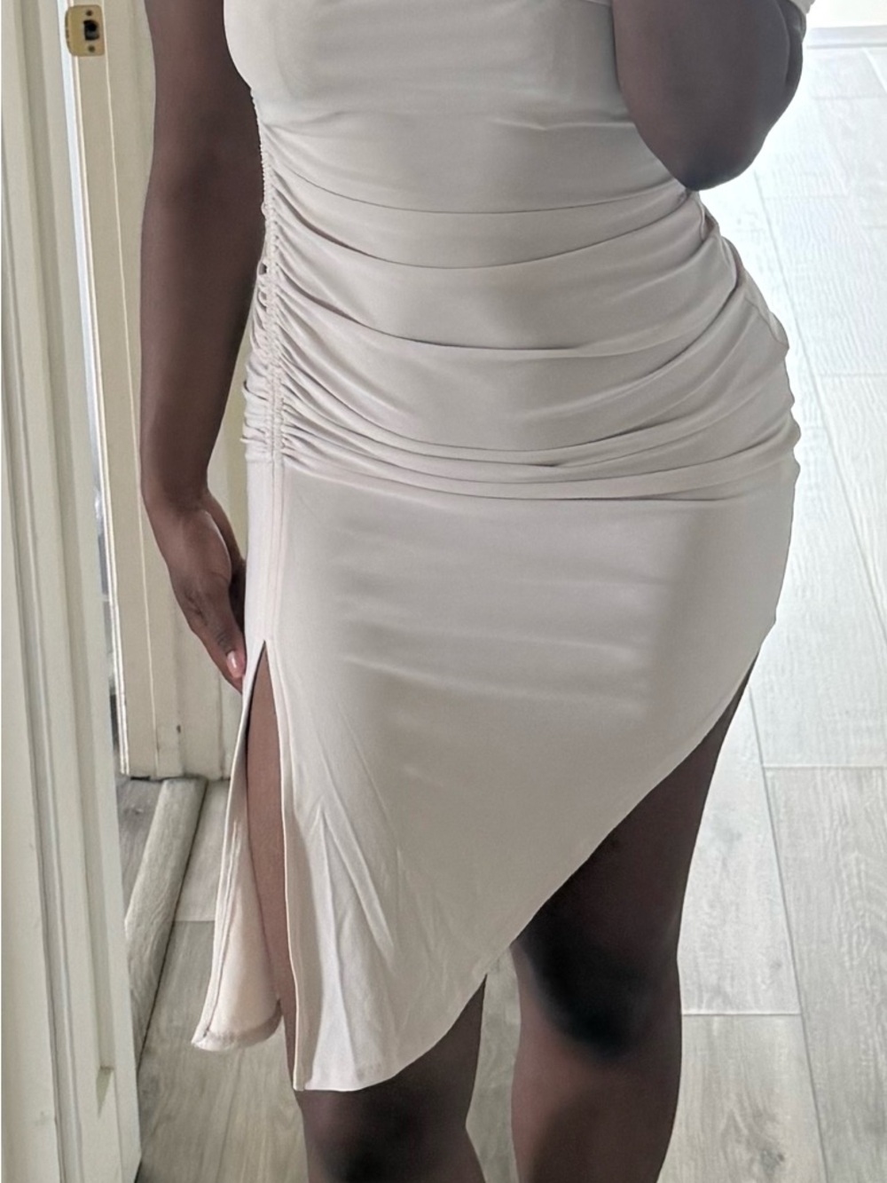 Blush Ruched Asymmetrical Slip Dress in Light Beige